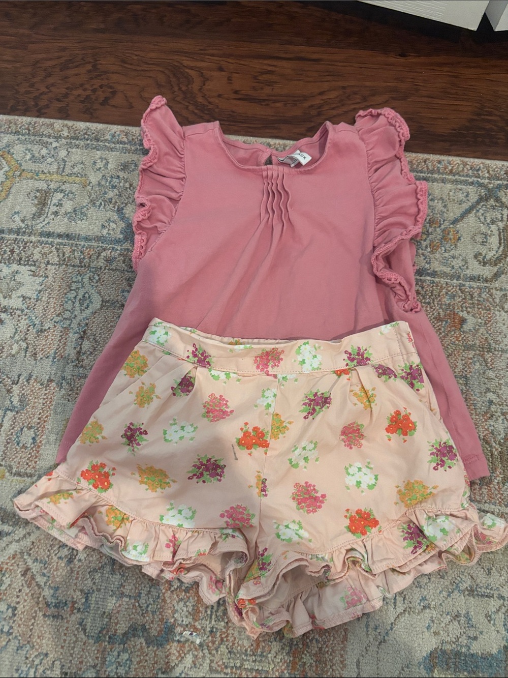 Janie and Jack Pink Ruffle Sleeve Top with Floral Pink Shorts